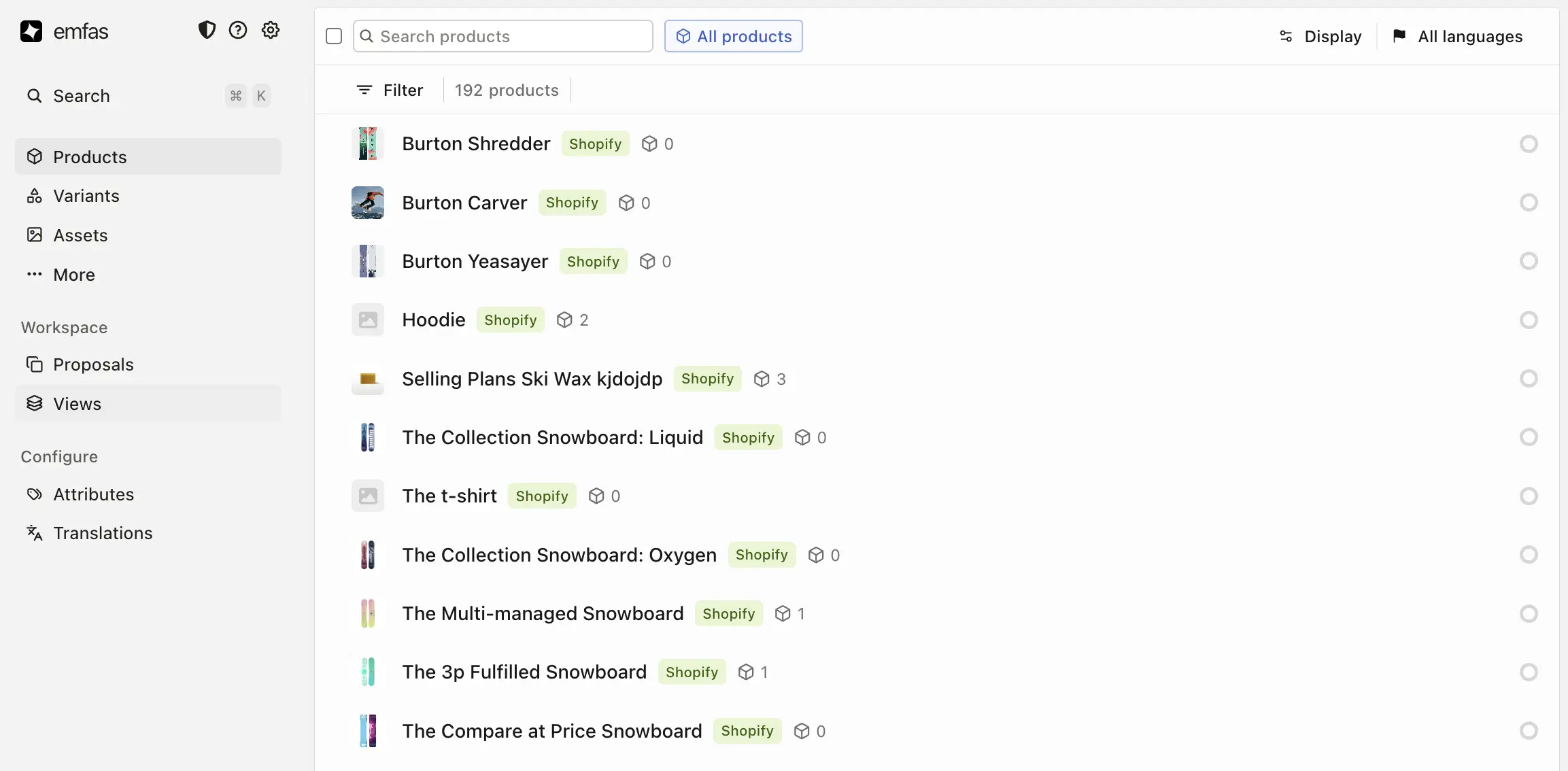 The Emfas product catalog view