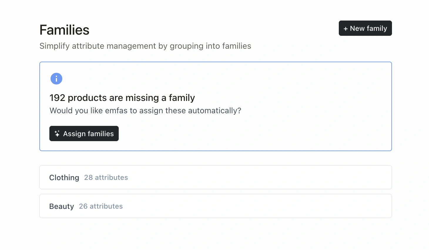 Families overview showing existing families and unassigned products