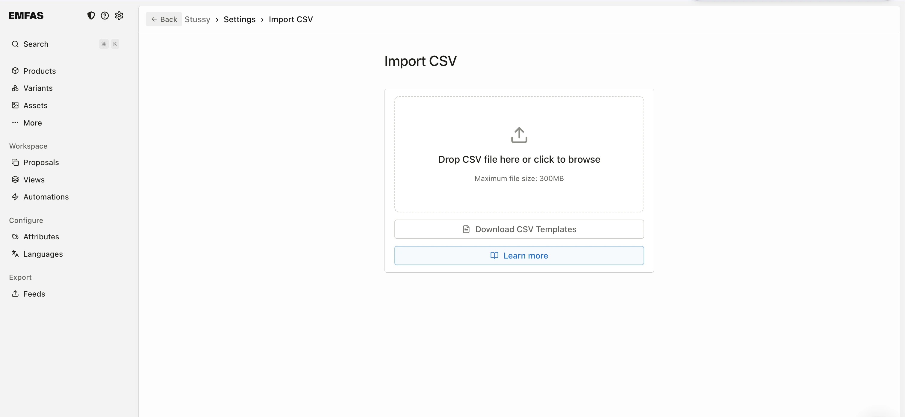 CSV upload screen showing the Templates button