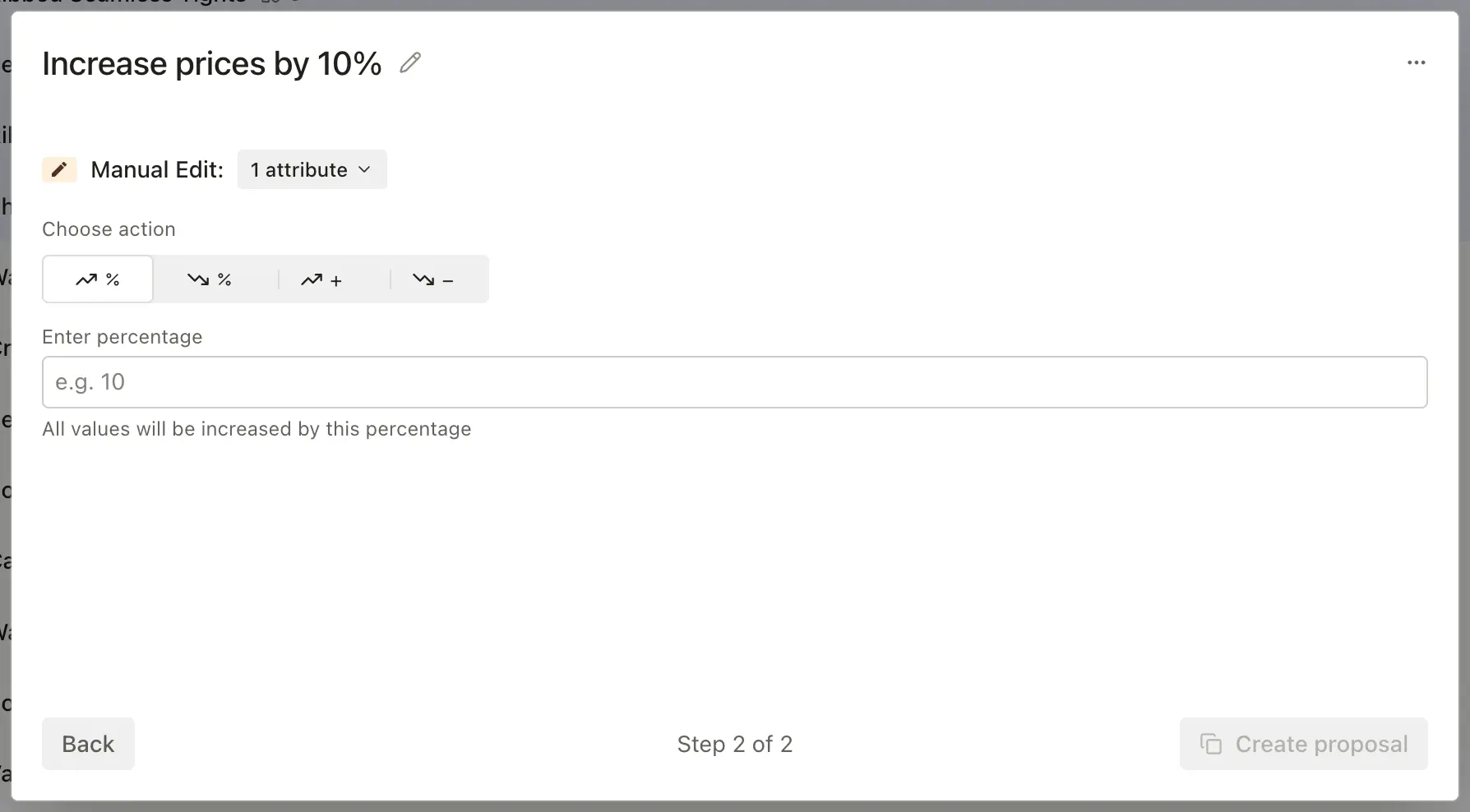 Manual edit showing numeric field operations with percentage and absolute value options