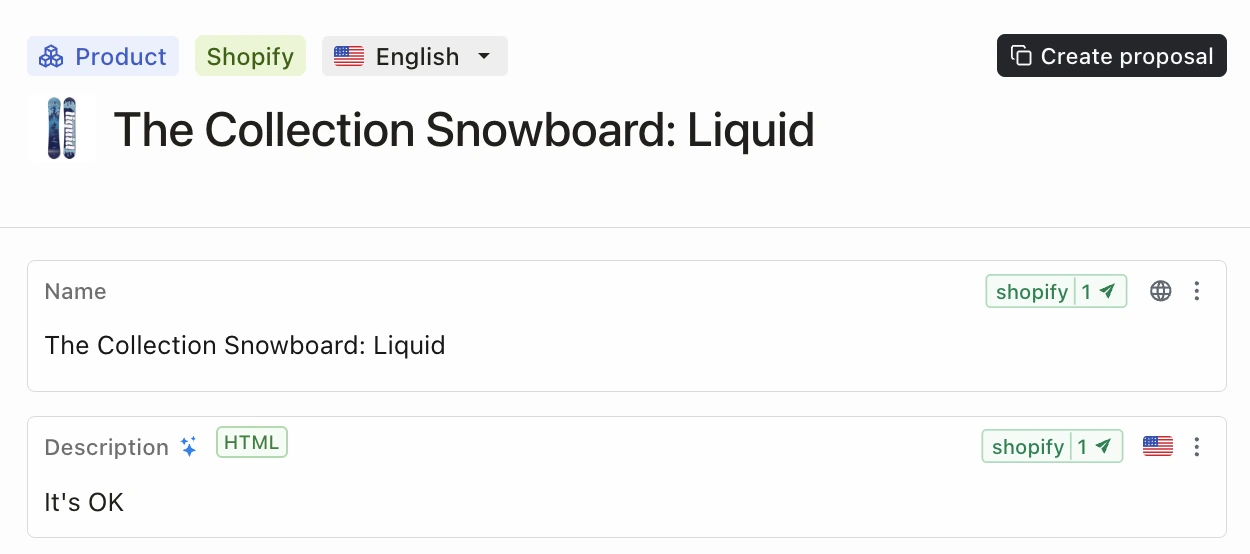 Product detail view showing attributes