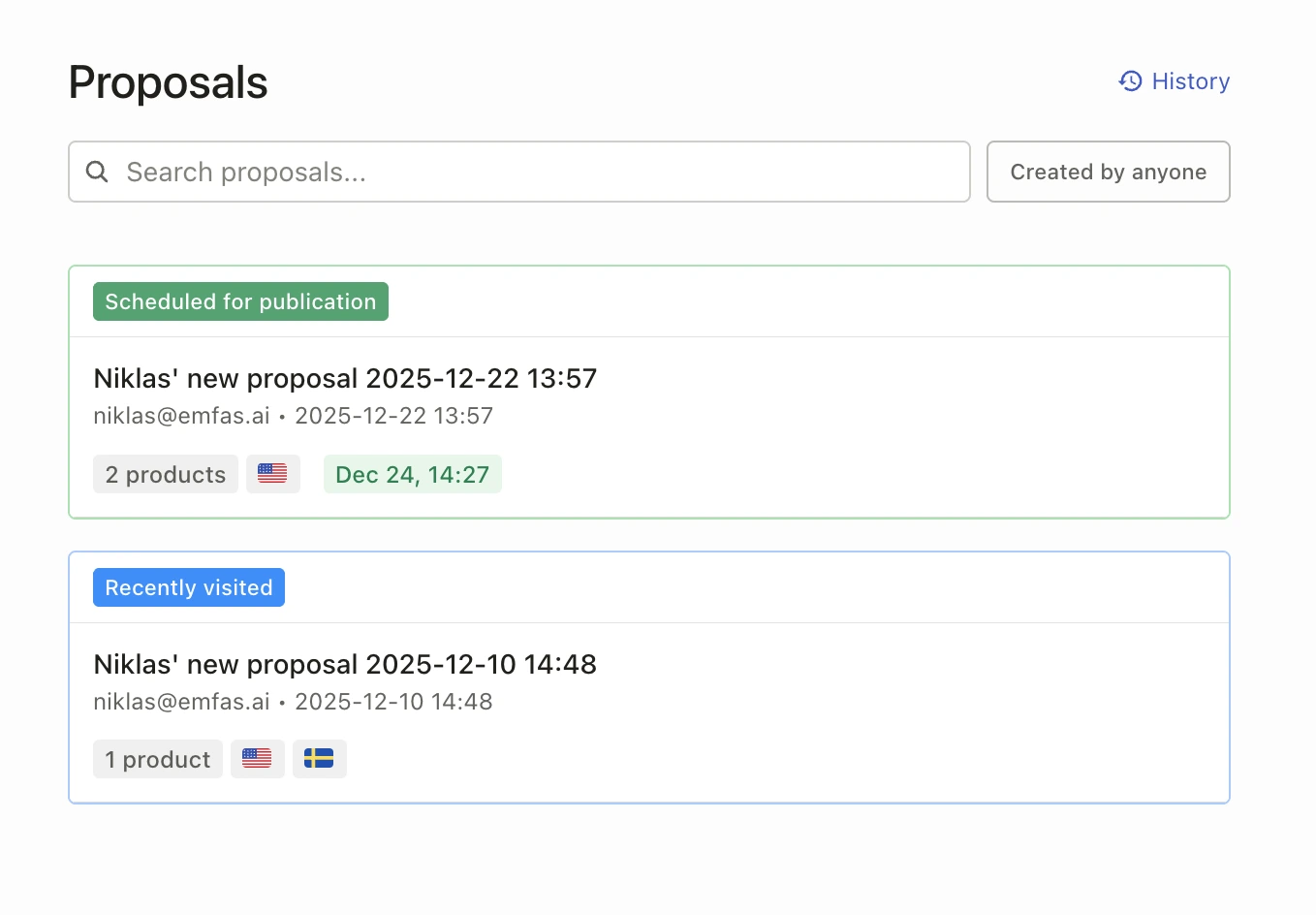Proposals list with scheduled proposals at the top