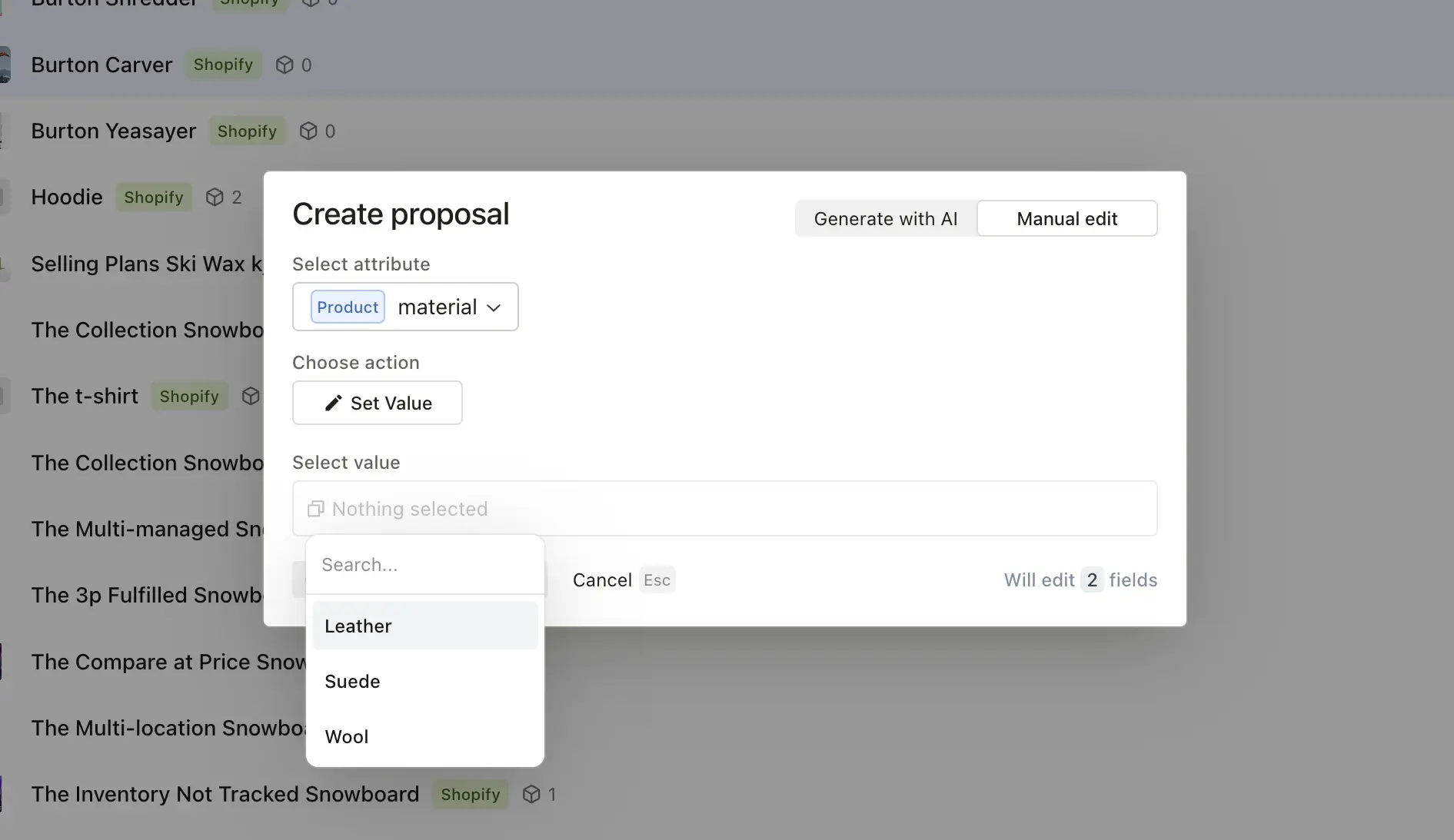 Manual edit proposal showing products and their proposed changes