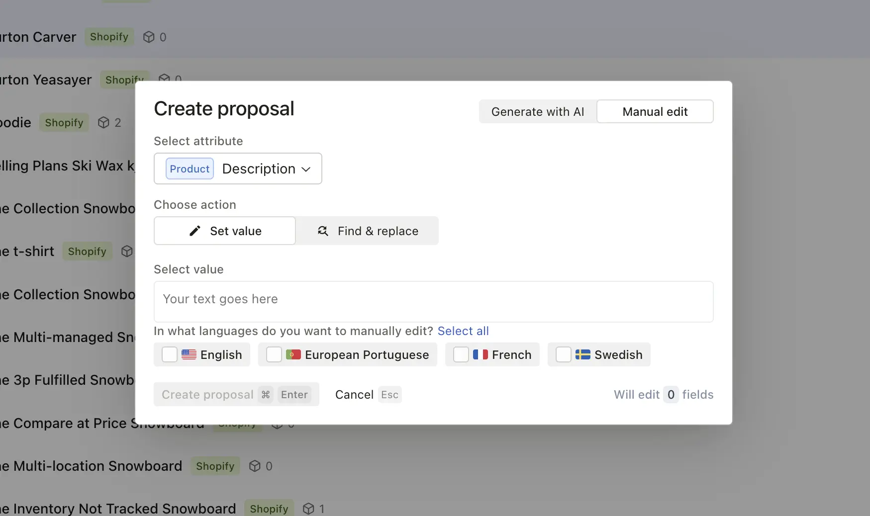 Manual edit proposal showing products and their proposed changes